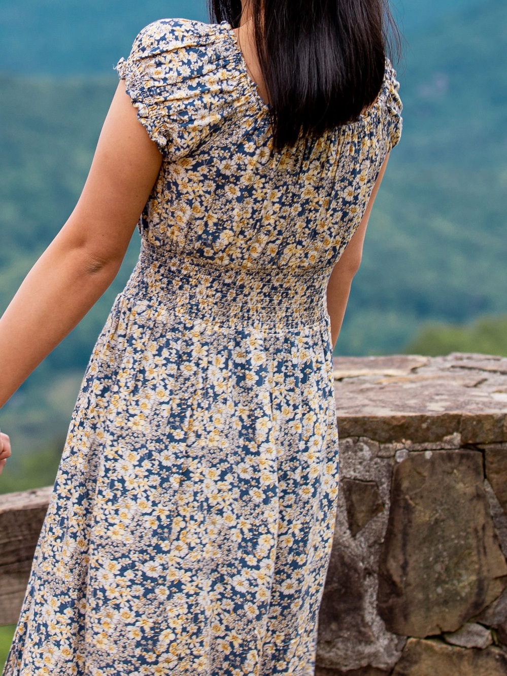 Floral Smocked Midi Dress in Blue and Yellow